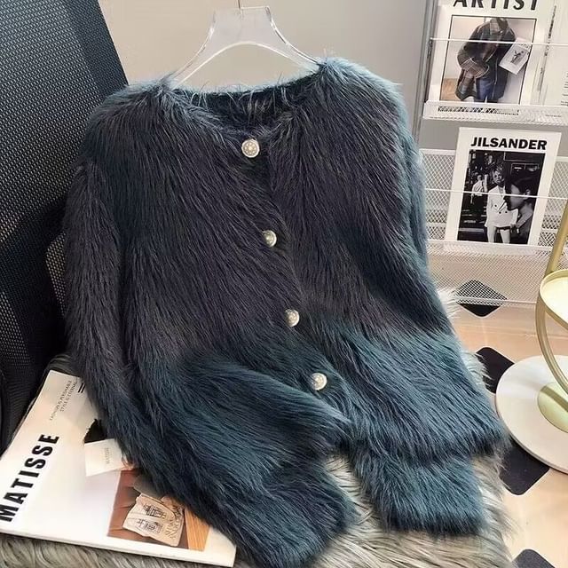 Round Neck Plain Fluffy Faux Pearl Button Cardigan