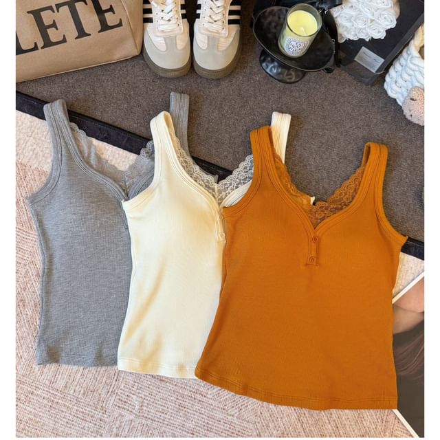 Ribbed V-Neck Lace-Trim Padded Slim-Fit Tank Top
