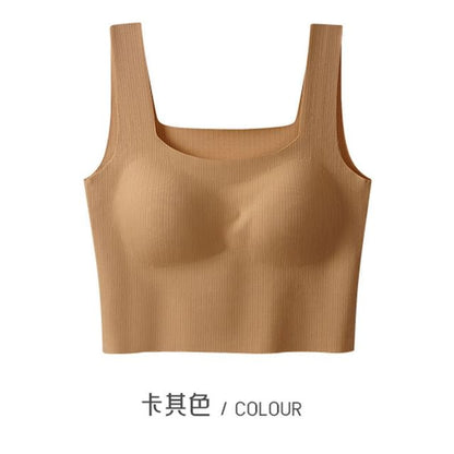 Ribbed Padded Slim-Fit Solid Cropped Tank Top