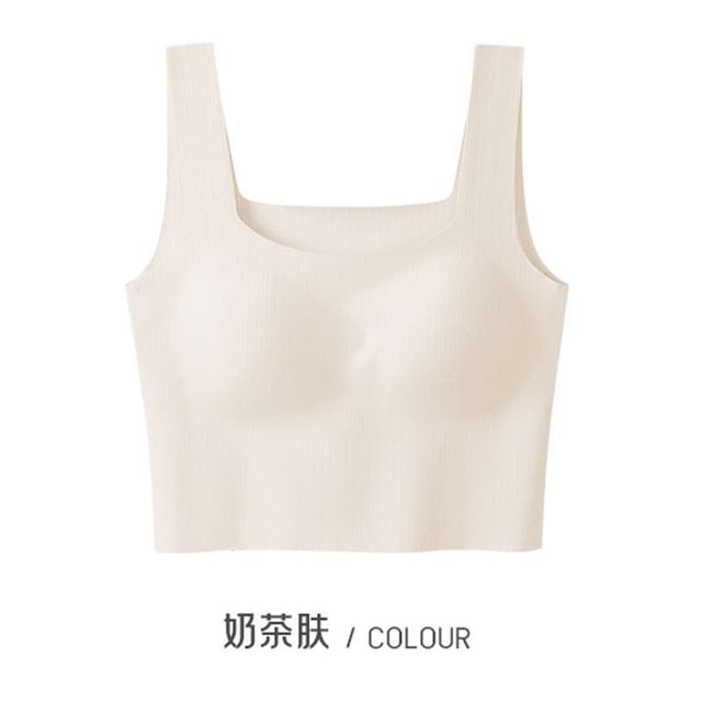 Ribbed Padded Slim-Fit Solid Cropped Tank Top