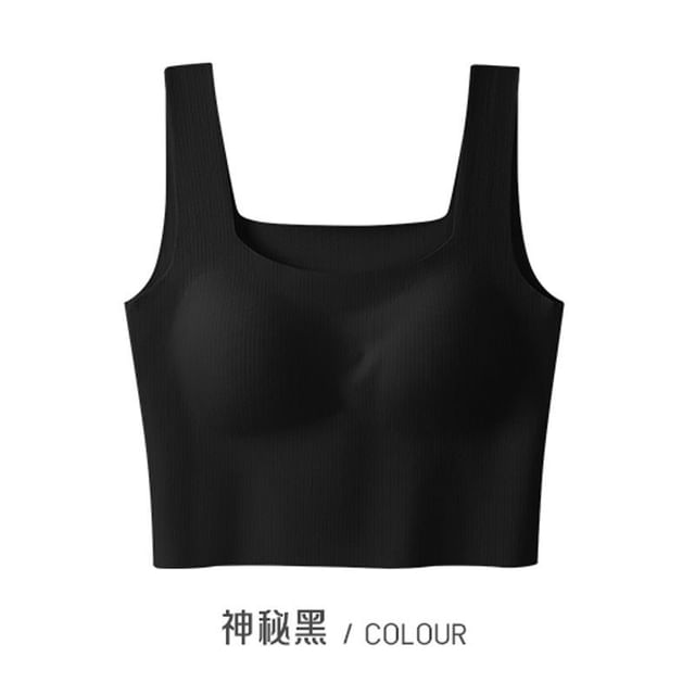 Ribbed Padded Slim-Fit Solid Cropped Tank Top