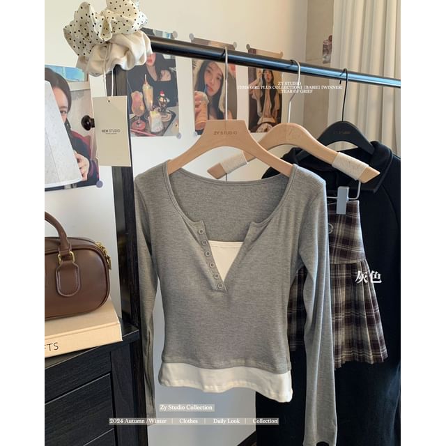 Mock Two-Piece Two-Tone Henley Long-Sleeve Slim Tee