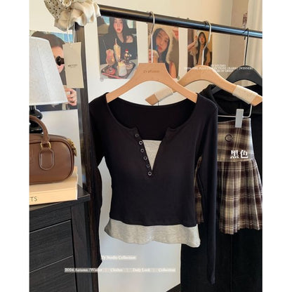 Mock Two-Piece Two-Tone Henley Long-Sleeve Slim Tee