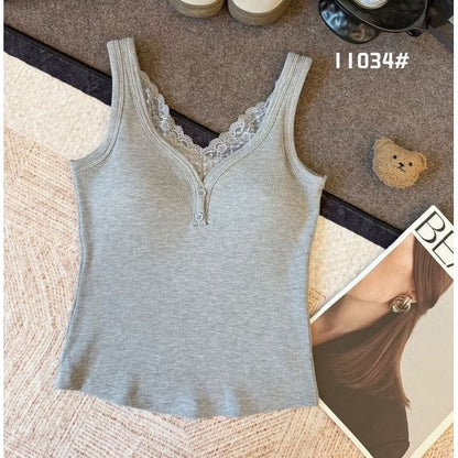 Ribbed V-Neck Lace-Trim Padded Slim-Fit Tank Top