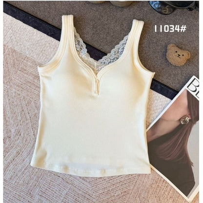 Ribbed V-Neck Lace-Trim Padded Slim-Fit Tank Top