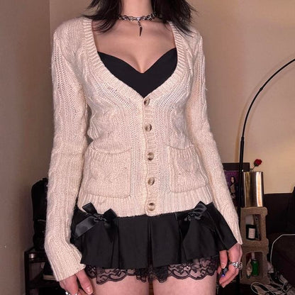 V-Neck Plain Pocket Detail Cable-Knit Cardigan