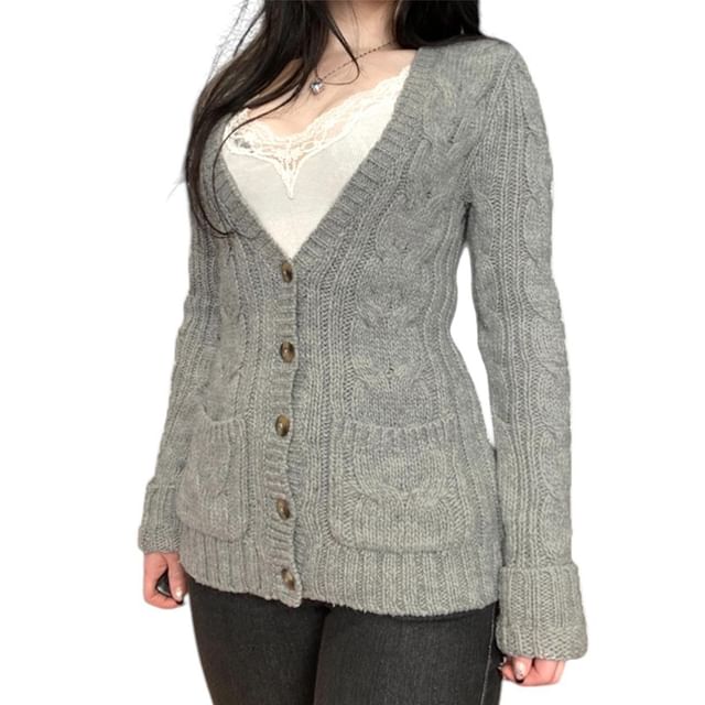 V-Neck Plain Pocket Detail Cable-Knit Cardigan