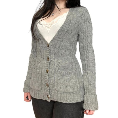 V-Neck Plain Pocket Detail Cable-Knit Cardigan