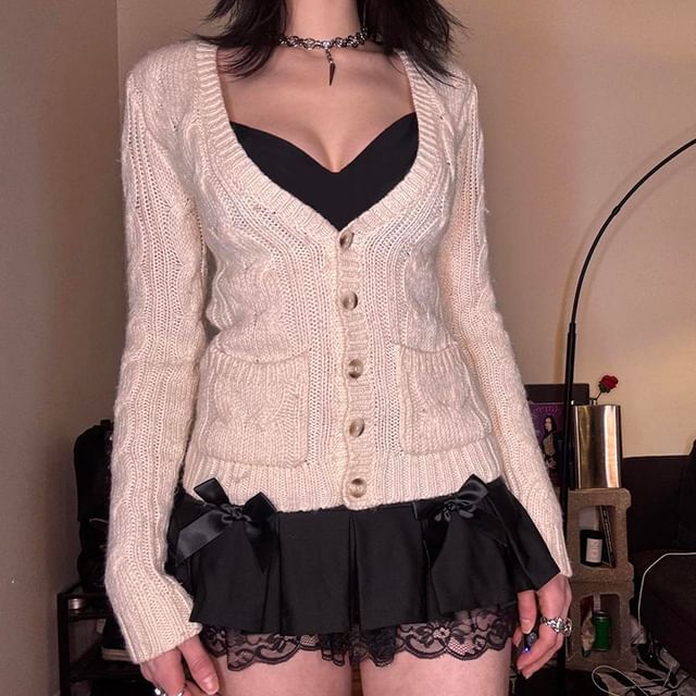 V-Neck Plain Pocket Detail Cable-Knit Cardigan