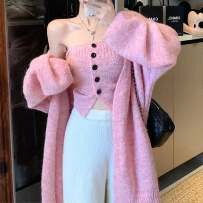 Set: Plain Button Knit Tube Top + Open Back Cardigan