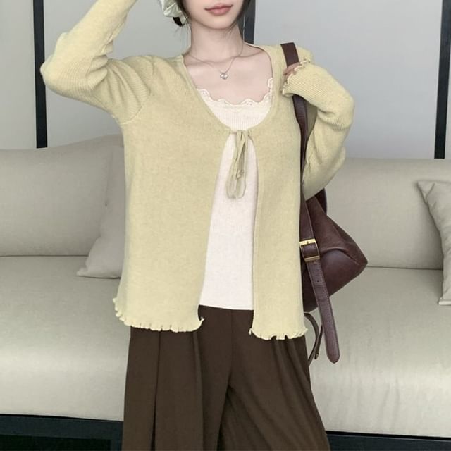Mock Two-Piece Long-Sleeve Two-Tone Tie-Front Lettuce Edge Cardigan