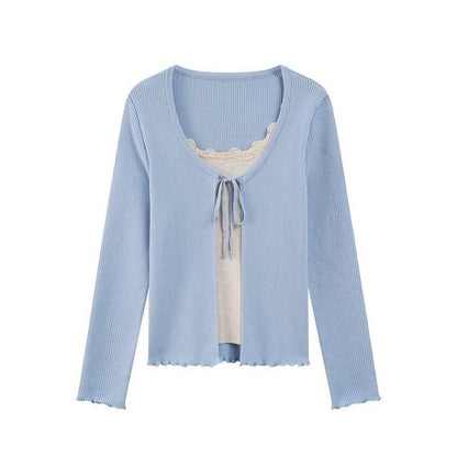 Mock Two-Piece Long-Sleeve Two-Tone Tie-Front Lettuce Edge Cardigan