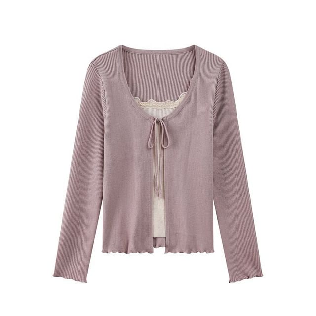 Mock Two-Piece Long-Sleeve Two-Tone Tie-Front Lettuce Edge Cardigan