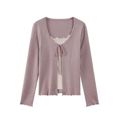 Mock Two-Piece Long-Sleeve Two-Tone Tie-Front Lettuce Edge Cardigan
