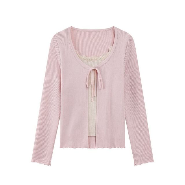 Mock Two-Piece Long-Sleeve Two-Tone Tie-Front Lettuce Edge Cardigan