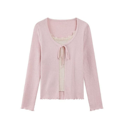 Mock Two-Piece Long-Sleeve Two-Tone Tie-Front Lettuce Edge Cardigan
