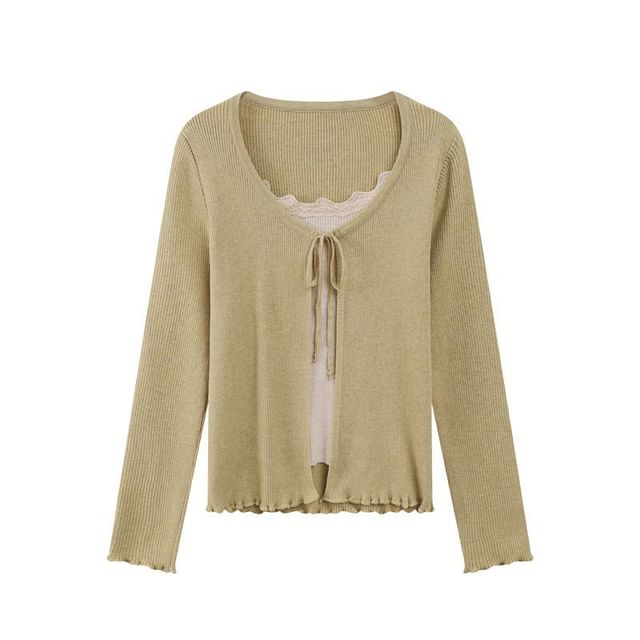Mock Two-Piece Long-Sleeve Two-Tone Tie-Front Lettuce Edge Cardigan