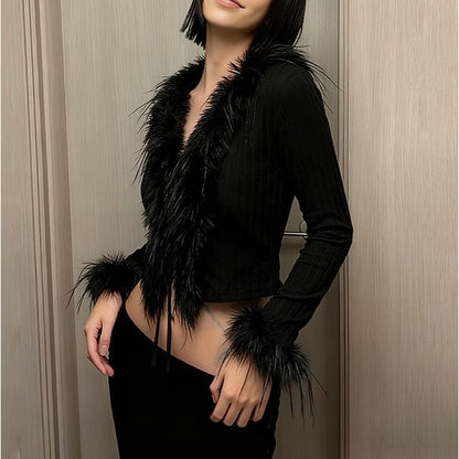 Long Sleeve V-Neck Faux Fur Trim Slim-Fit Crop Cardigan