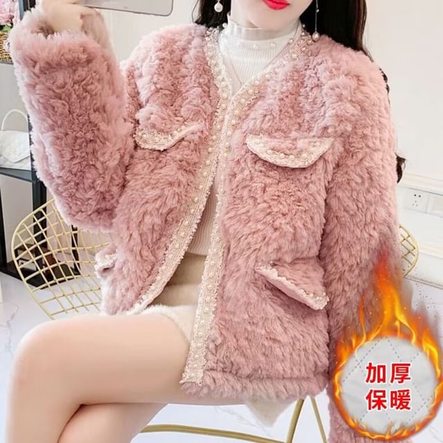 Faux Pearl Trim Fluffy Jacket