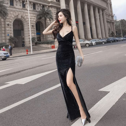 Spaghetti Strap V-Neck Glitter Slit Velvet Sheath Evening Dress