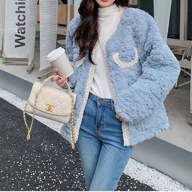 Faux Pearl Trim Fluffy Jacket