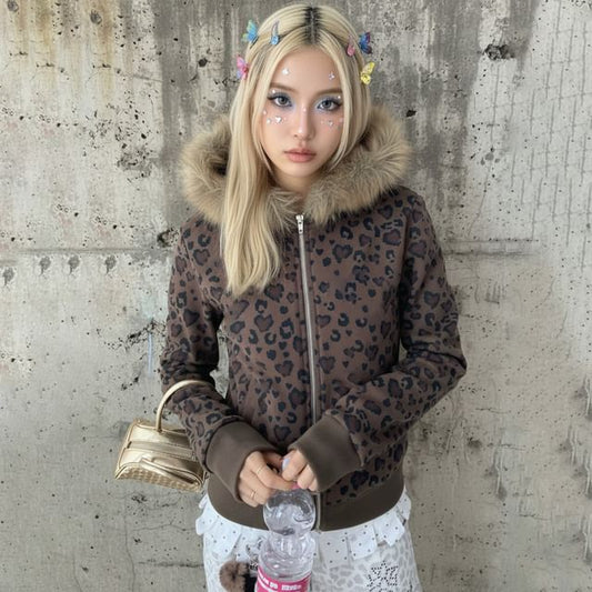 Long Sleeve Leopard Print Furry-Trim Hooded Zip-Up Jacket