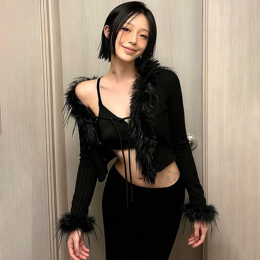 Long Sleeve Faux Fur Trim Cropped Cardigan