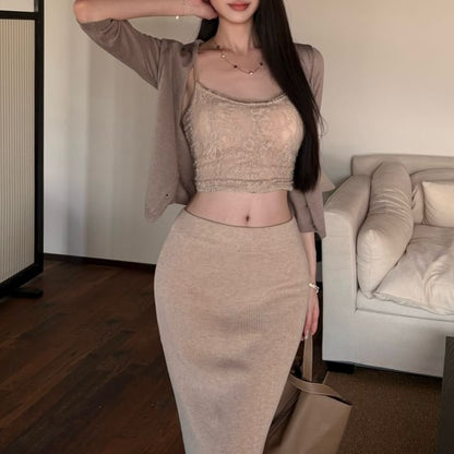 Lace Crop Slim Fit Cami Top / High Waist Ribbed Maxi Pencil Skirt / 3/4-Sleeve Cardigan