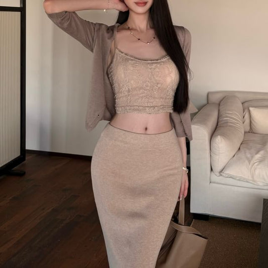 Lace Crop Slim Fit Cami Top / High Waist Ribbed Maxi Pencil Skirt / 3/4-Sleeve Cardigan