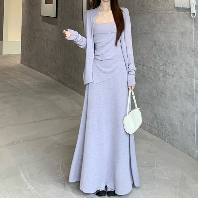 Plain Asymmetrical Slim Fit Cami Top / High Waist Maxi A-Line Skirt / Open Front Cardigan