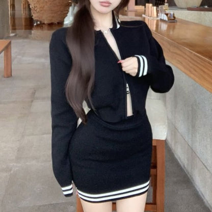 Square Neck Contrast Trim Crop Knit Tank Top / Round Neck Zip Cardigan / High Waist Mini Pencil Skirt