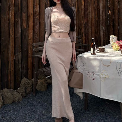 Lace Crop Slim Fit Cami Top / High Waist Ribbed Maxi Pencil Skirt / 3/4-Sleeve Cardigan