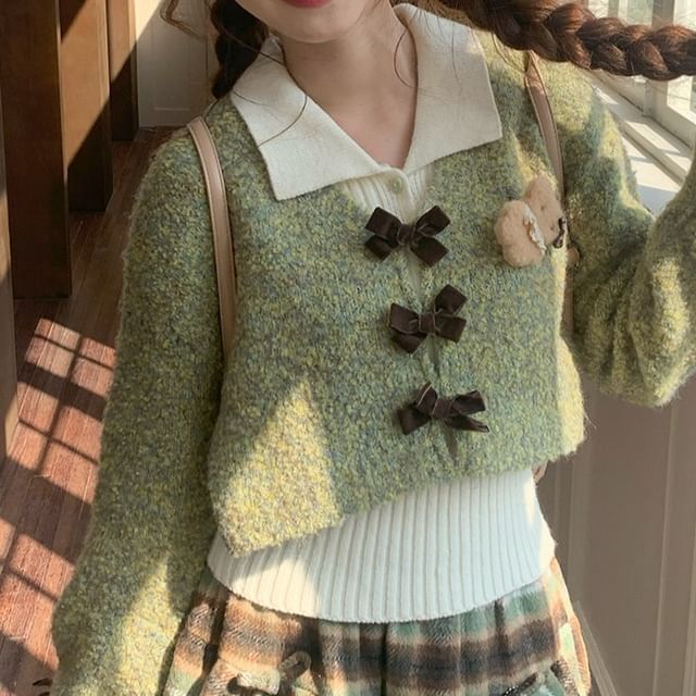 Melange Crop Cardigan / Plaid Mini Pleated Skirt / Sleeveless Collared Top