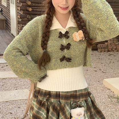Melange Crop Cardigan / Plaid Mini Pleated Skirt / Sleeveless Collared Top