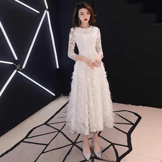 Dress Plain 3/4 Evening Lace A-Line / Gown Cocktail Panel Round Midi Fringe Sleeve Neck