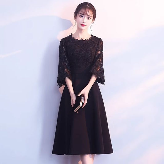 Gown Round A-Line Sleeve Dress Lace / Neck Elbow Panel Cocktail Plain Midi Evening