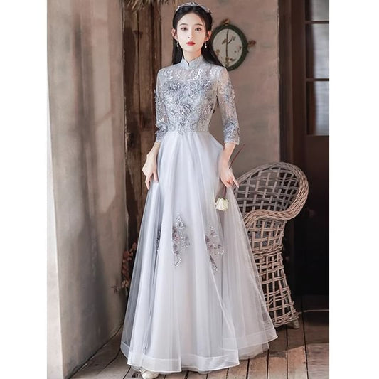 A-Line Mesh Sleeve Collar Mandarin Panel Evening 3/4 Applique Gown Lace Sequin Floral