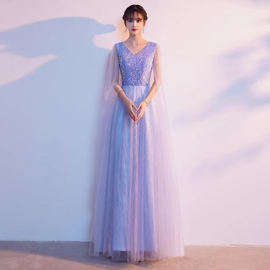 Gown Cape A-Line Mesh Sleeve V-Neck Plain Sequin Evening