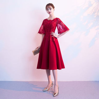 Elbow Sleeve V-Neck Plain Lace Applique Mesh Midi A-Line Cocktail Dress
