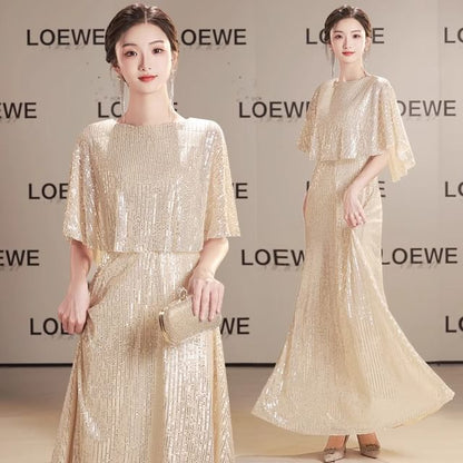 Cape Sleeve Round Neck Plain Panel Sequin A-Line Evening Gown