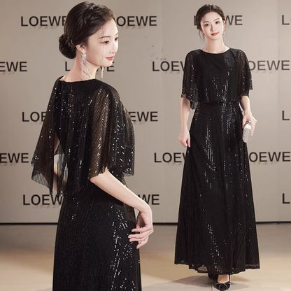Cape Sleeve Round Neck Plain Panel Sequin A-Line Evening Gown
