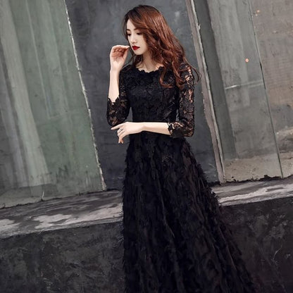 3/4 Sleeve Round Neck Plain Fringe Panel Lace A-Line Evening Gown / Midi Cocktail Dress