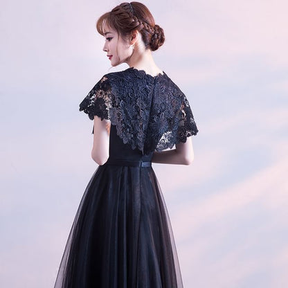 Neck Evening Round Bow Short Gown Lace A-Line Plain Panel Sleeve Mesh