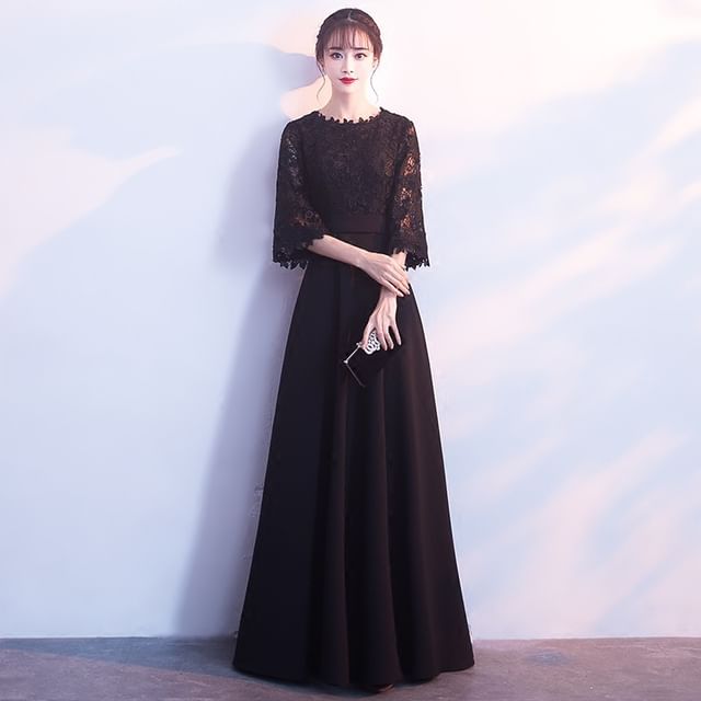 Elbow Sleeve Round Neck Plain Panel Lace A-Line Evening Gown / Midi Cocktail Dress