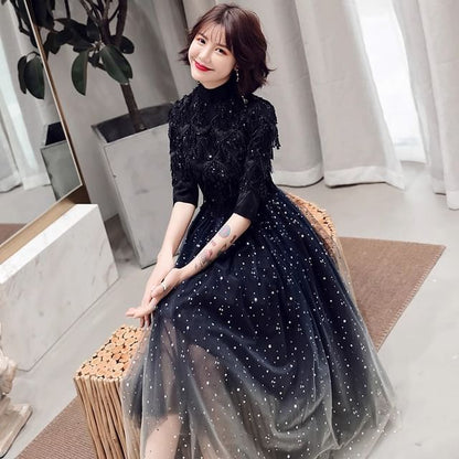 Elbow Sleeve Stand Collar Gradient Sequin Mesh Midi A-Line Cocktail Dress