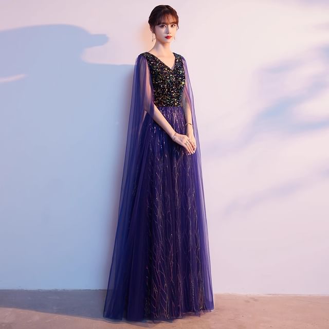 Gown Cape A-Line Mesh Sleeve V-Neck Plain Sequin Evening