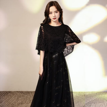 Sleeve Lace Glitter Evening Mesh Panel Round Neck Plain Gown A-Line Cape