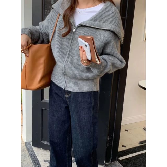 Long Sleeve Shawl Collar Plain Ribbed-Knit Zip-Up Cardigan
