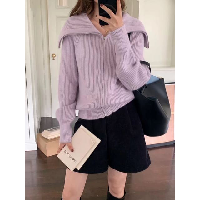 Long Sleeve Shawl Collar Plain Ribbed-Knit Zip-Up Cardigan