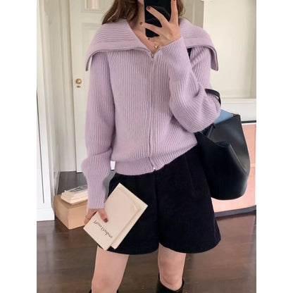 Long Sleeve Shawl Collar Plain Ribbed-Knit Zip-Up Cardigan